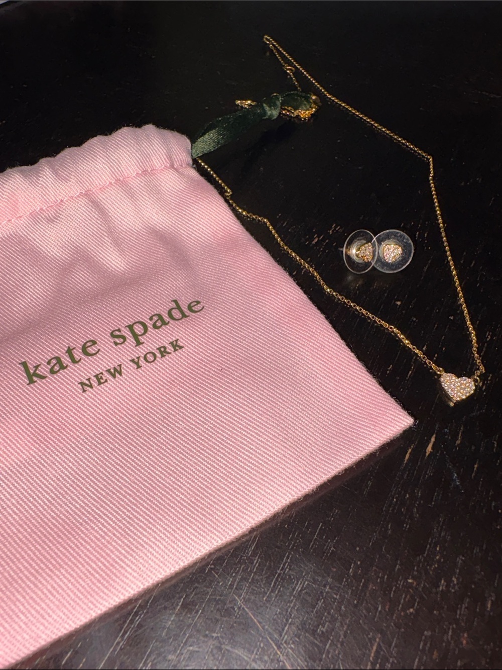 kate spade Gold Heart Necklace with Crystal Stud Earrings and Pink Pouch